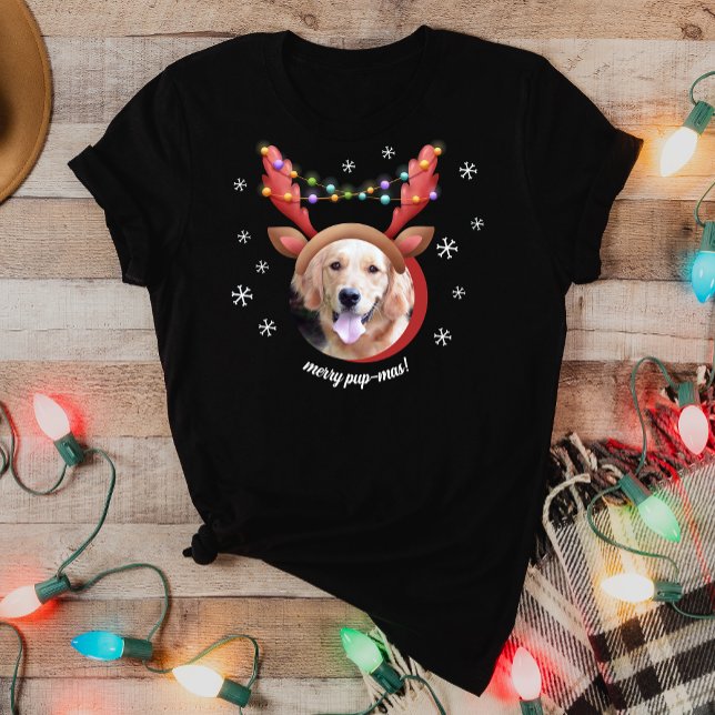 Dog Photo with Reindeer Antler Hat Merry Christmas T-Shirt (Creator Uploaded)