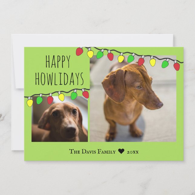 Dog Photo with String Lights Happy Howlidays Holiday Card (Front)