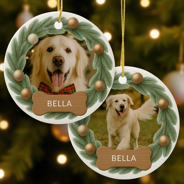 Dog Photo Wreath Custom Name Holiday Christmas Ceramic Tree Decoration (Creator Uploaded)