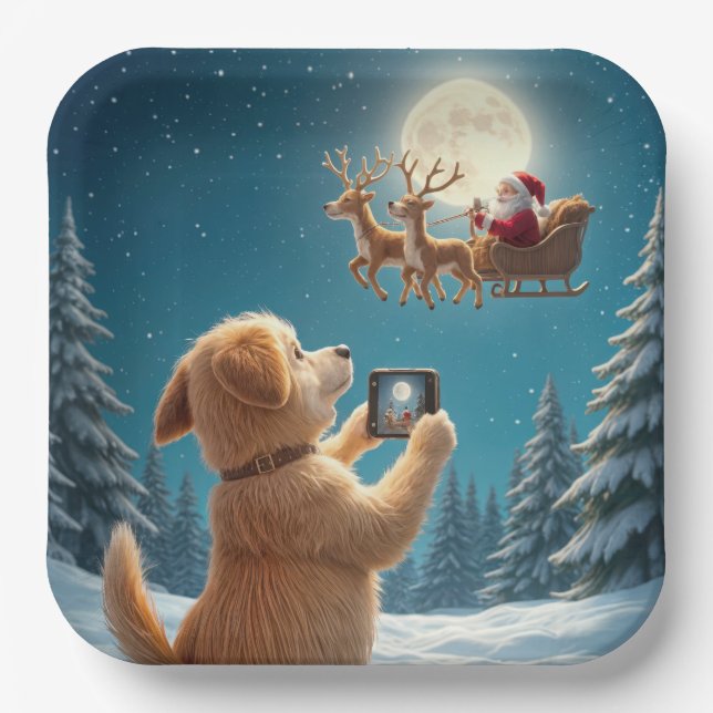 Dog Photographing Santa Claus In Sleigh Paper Plate (Front)