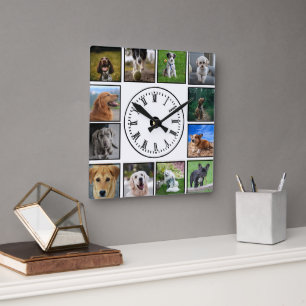Dog Photos Collage on White Background Square Wall Clock