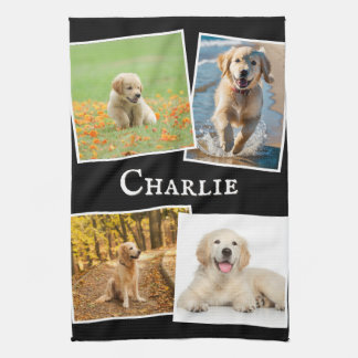 Dog Photos Pet Picture Collage Custom Name Black Tea Towel