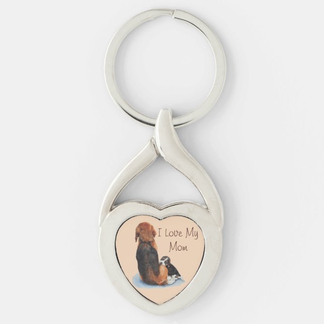 dog picture of cute puppy cuddling mum key ring (Front)