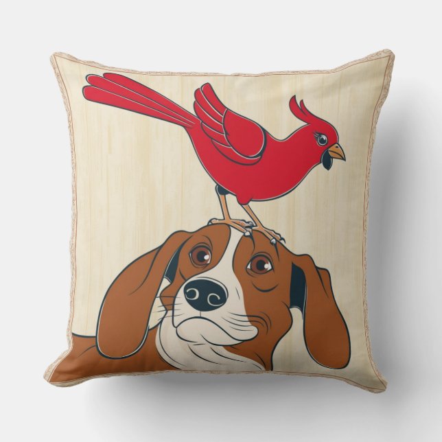 Dog Pillow with Red Bird on Nose – Cute Animal Thr (Front)
