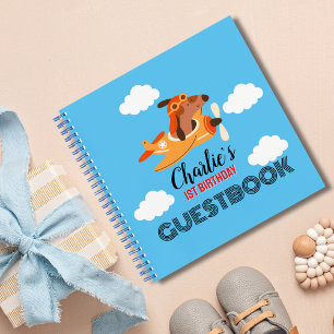 Dog Pilot & Aeroplane,Cute Blue Birthday Guestbook Notebook
