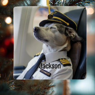 Dog Pilot & Aeroplane Funny Aviation Christmas Fun Ceramic Ornament