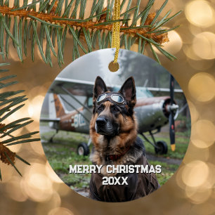 Dog Pilot Aeroplane Funny Aviation Photo Christmas Ceramic Tree Decoration