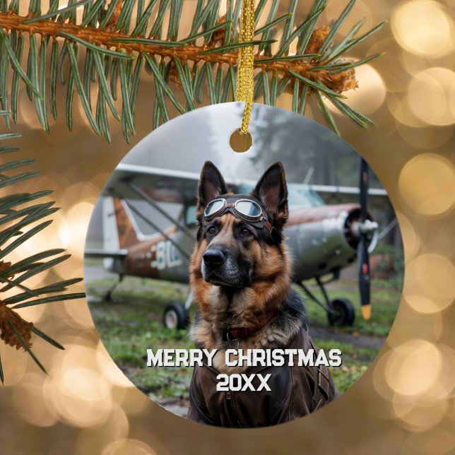 Dog Pilot Aeroplane Funny Aviation Photo Christmas Ceramic Tree Decoration (Creator Uploaded)