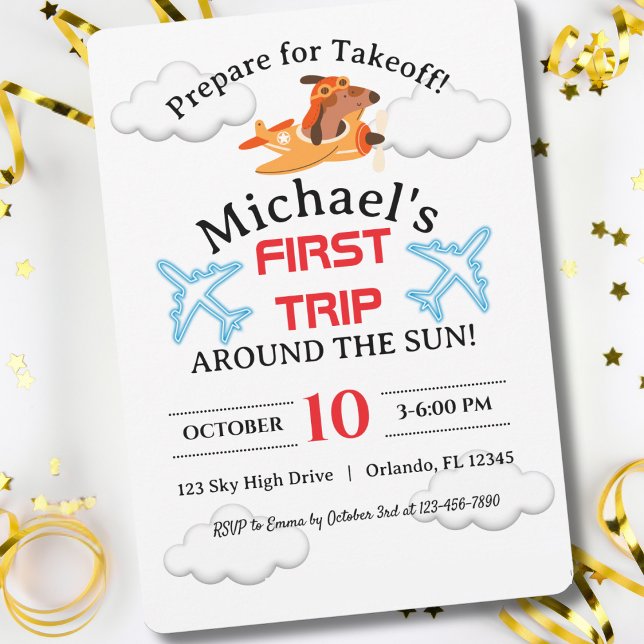 Dog Pilot Flying Aeroplane, Cute Fun Kids Birthday Invitation (Creator Uploaded)