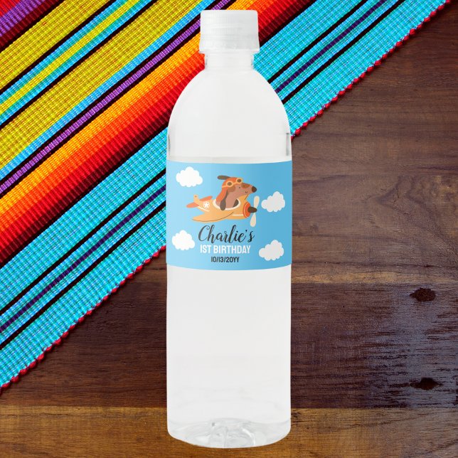 Dog Pilot Flying Aeroplane,Cute Kids Blue Birthday Water Bottle Label (Creator Uploaded)