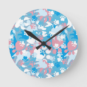 Dog Pink and Blue Camouflage Pattern Round Clock