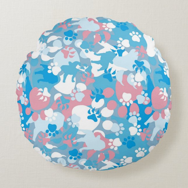 Dog Pink and Blue Camouflage Pattern Round Cushion (Front)