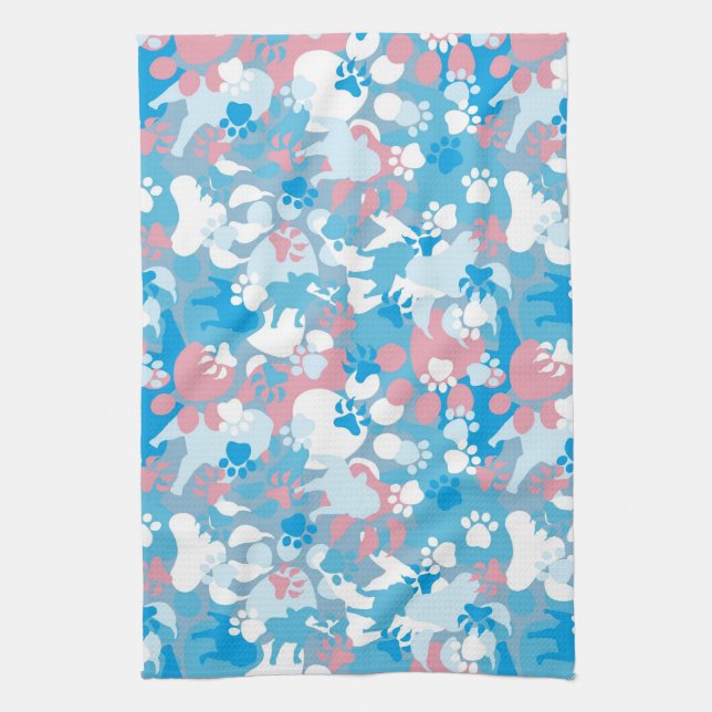 Dog Pink and Blue Camouflage Pattern Tea Towel (Vertical)