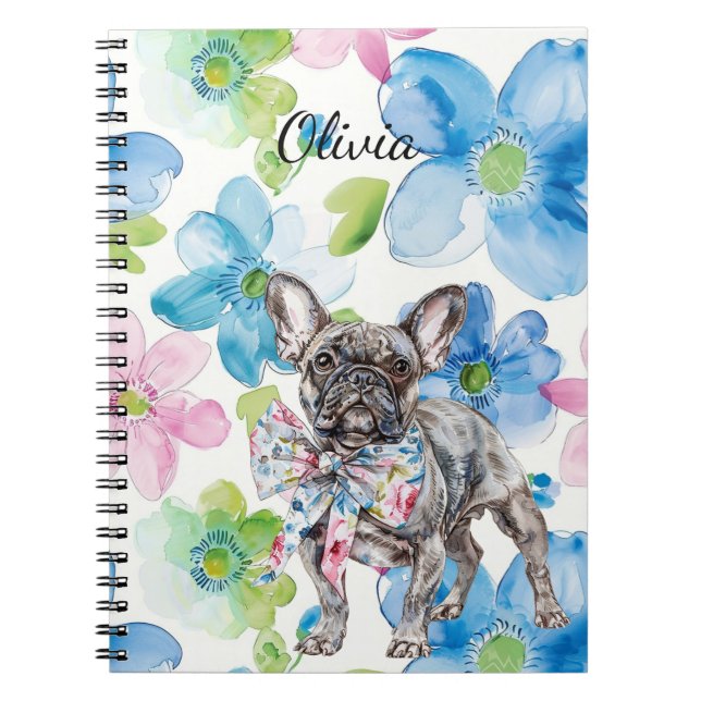 Dog Pink Blue Floral Bow Personalised Notebook (Front)