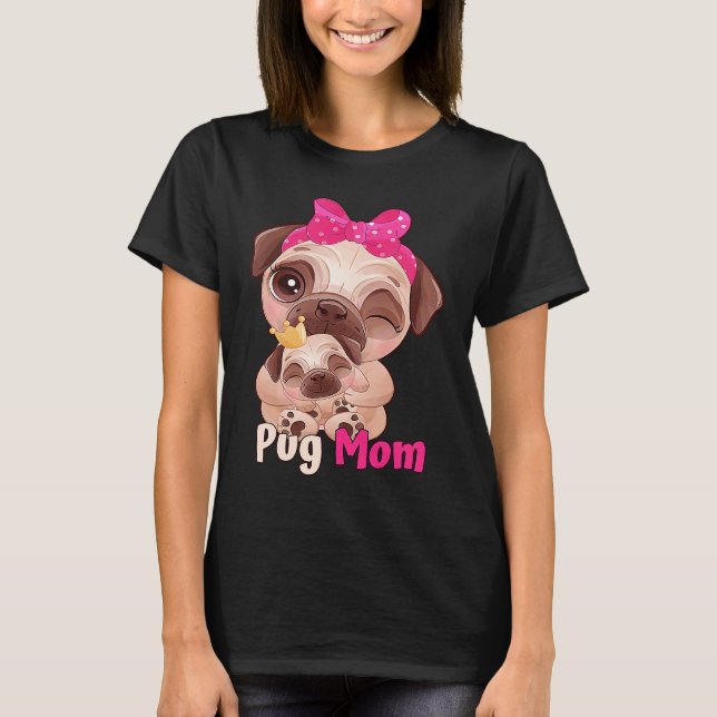 Dog   Pink Bow  Cute Pug Mum T-Shirt (Front)