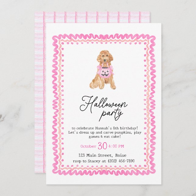 Dog Pink Preppy Pumpkin Halloween Party  Invitation (Front/Back)