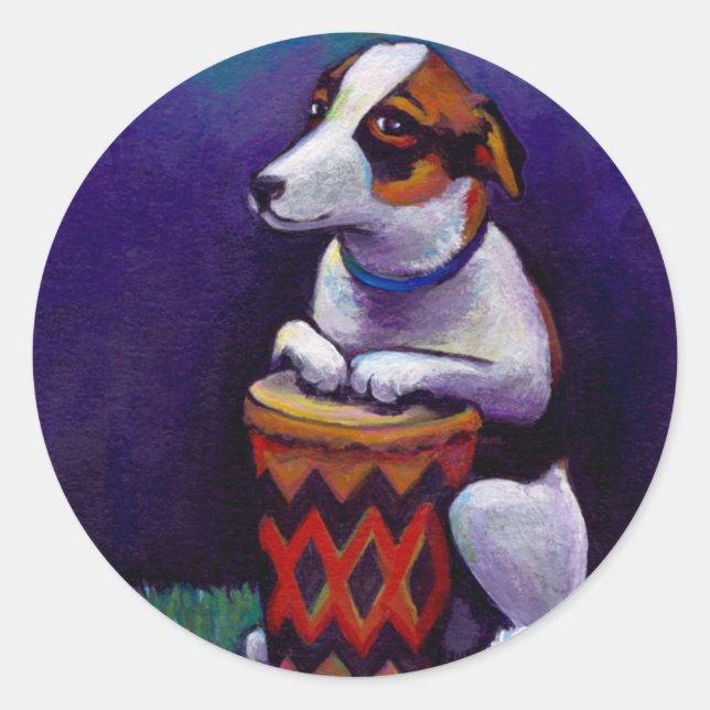Dog playing bongo drum fun original drumming art classic round sticker (Front)