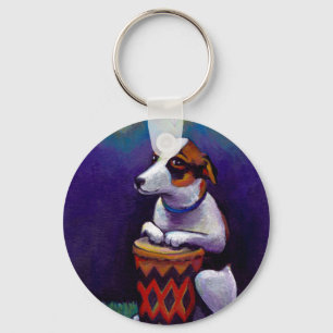 Dog playing bongo drum fun original drumming art key ring