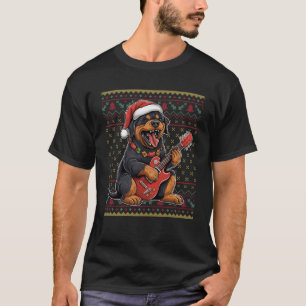 Dog Playing Guitar Santa Hat Xmas Ugly Rottweiler  T-Shirt