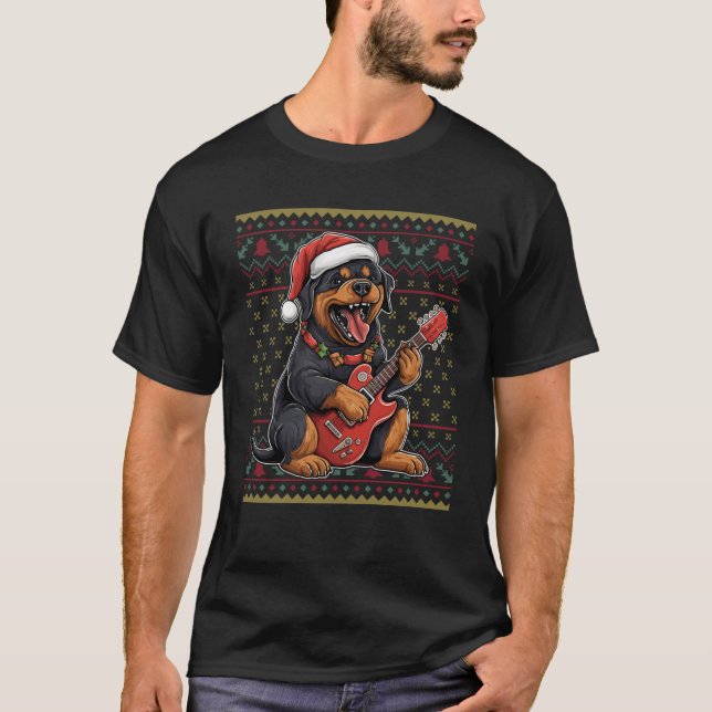 Dog Playing Guitar Santa Hat Xmas Ugly Rottweiler  T-Shirt (Front)