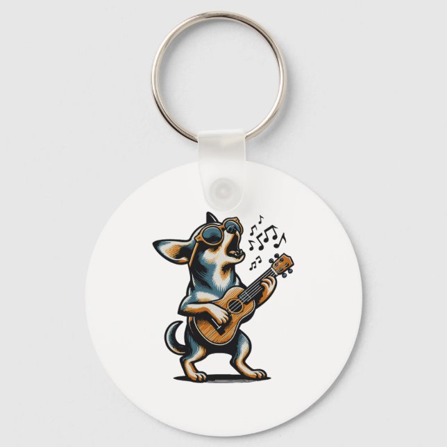 Dog Playing Guitar Singing Chihuahua Funny Dog Mar Key Ring (Front)