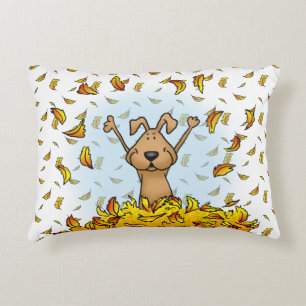 Dog Playing in a Pile of Fall Leaves - Cute Autumn Decorative Cushion