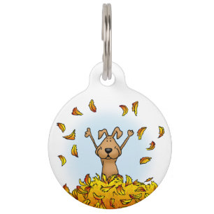 Dog Playing in a Pile of Fall Leaves - Cute Autumn Pet Tag
