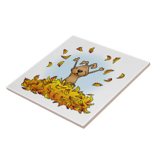 Dog Playing in a Pile of Fall Leaves - Cute Autumn Tile
