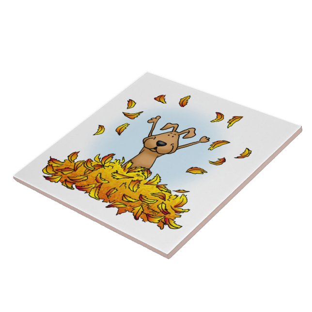 Dog Playing in a Pile of Fall Leaves - Cute Autumn Tile (Side)
