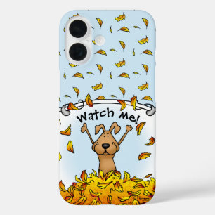 Dog Playing in a Pile of Fall Leaves - Fun Autumn iPhone 16 Case
