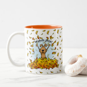 Dog Playing in a Pile of Fall Leaves - Fun Autumn Two-Tone Coffee Mug