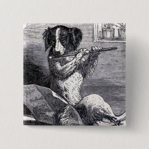 "Dog Playing the Flute" Vintage Illustration 15 Cm Square Badge