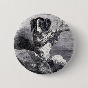 "Dog Playing the Flute" Vintage Illustration 6 Cm Round Badge