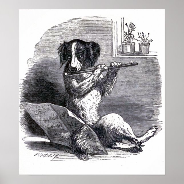 "Dog Playing the Flute" Vintage Illustration Poster (Front)