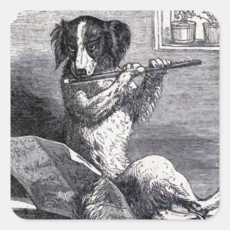 "Dog Playing the Flute" Vintage Illustration Square Sticker