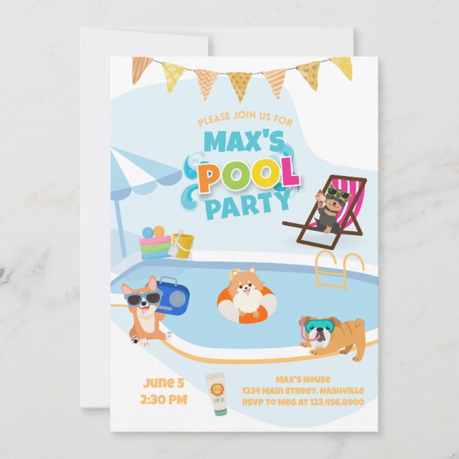 Dog Pool Party, Dog Pawty Birthday Blue Orange Invitation (Front)