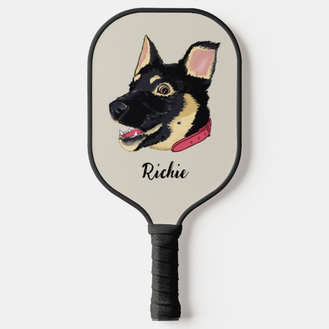 Dog Portrait Cute German Shepherd Puppy Name Pickleball Paddle (Front)