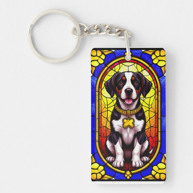 Dog Portrait in Stained Glass Artwork Key Ring (Front)