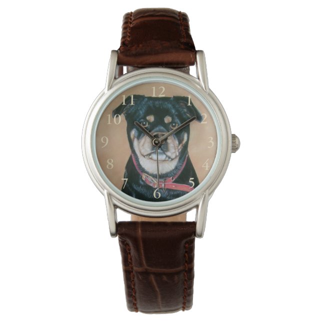 dog portrait painting of black and tan pug watch (Front)
