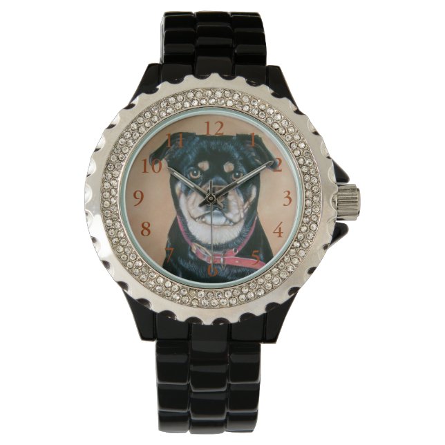 dog portrait painting of black and tan pug watch (Front)