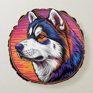 Dog Portrait with Mosaic-Inspired Background Round Cushion