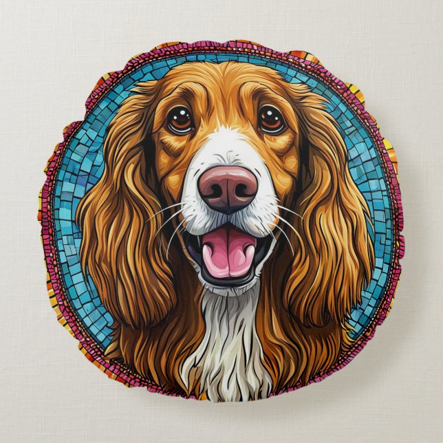 Dog Portrait with Mosaic-Inspired Background Round Cushion (Front)