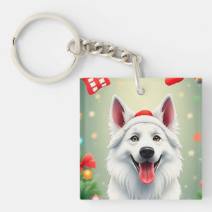 Dog Posing Among Festive Christmas Decorations Key Ring