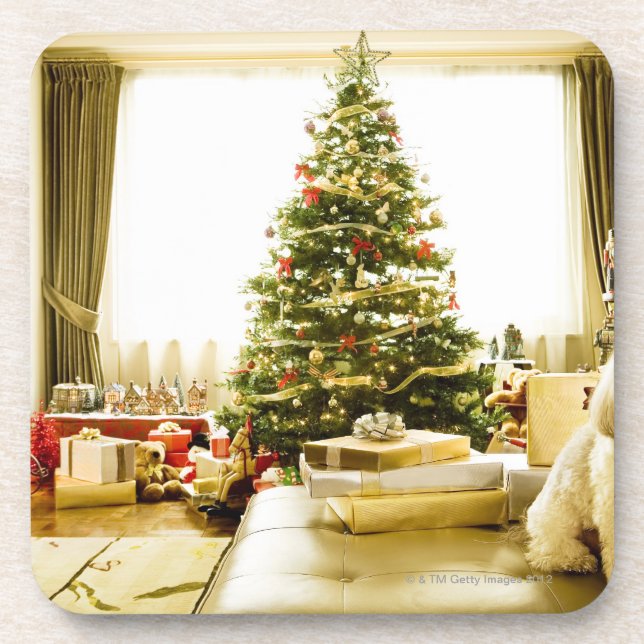dog posing in front of Christmas tree Coaster (Front)