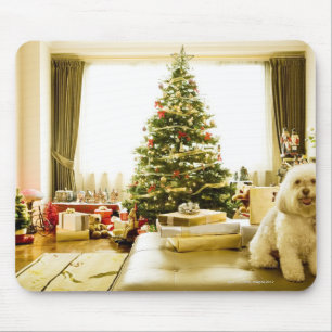 dog posing in front of Christmas tree Mouse Mat