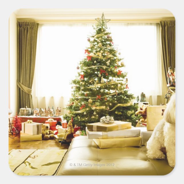 dog posing in front of Christmas tree Square Sticker (Front)