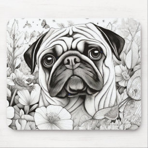 Dog Pug Peaceful Nature Prairie Sketch Drawing Pet Mouse Mat