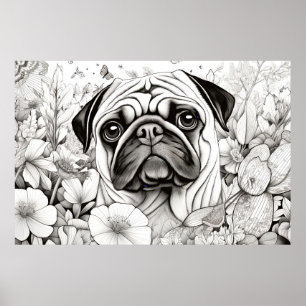 Dog Pug Peaceful Nature Prairie Sketch Drawing Pet Poster