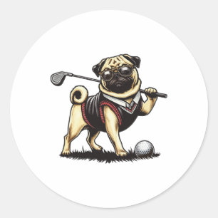 Dog Pug Playing Golf - Golfer Classic Round Sticker