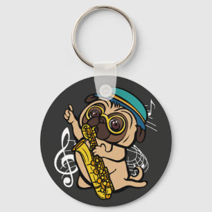 Dog Pug Playing Saxophone Musician Button Key Ring